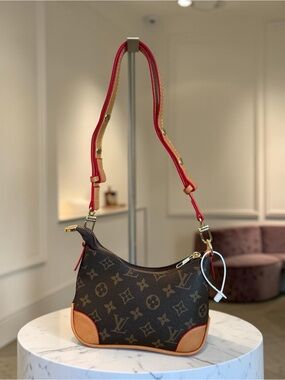 Source Unknown Monogram Shoulder Bag in Brown with Red Trim